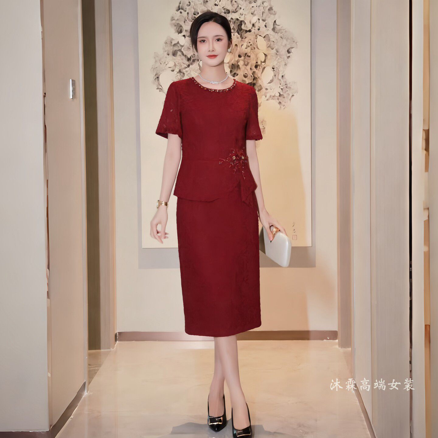詹雅斐2026夏季新时尚显瘦大码气质修身妈妈婚宴礼服连衣裙5008-1