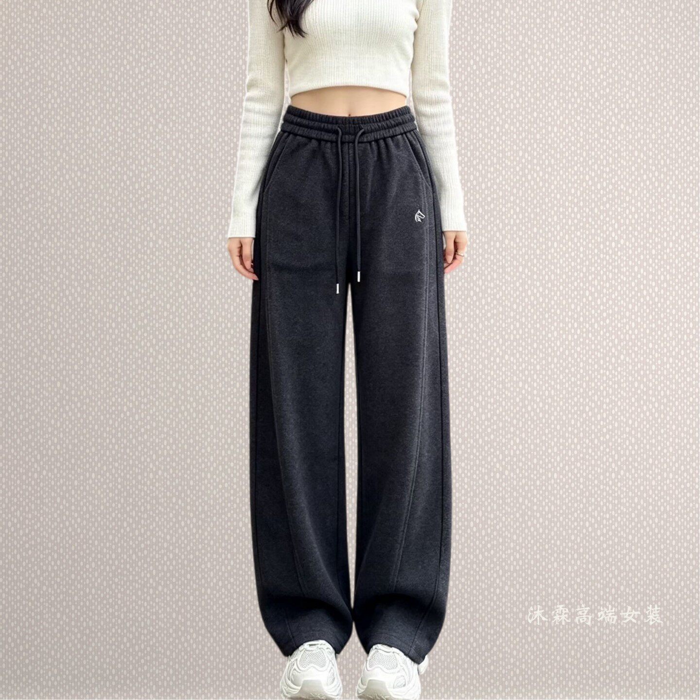 雅姿赏色珊瑚花2026秋冬新宽松大码显瘦胖M休闲直筒羊毛女裤99003