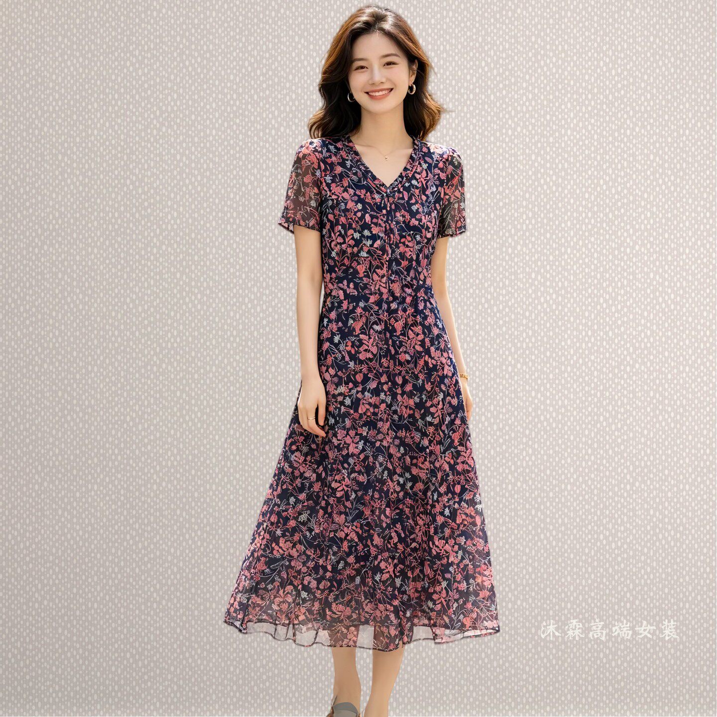 凯永2026夏季新款台湾纱料连衣裙隆穈丝女修身显瘦气质妈妈装7112