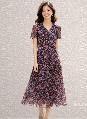 凯永2026夏季新款台湾纱料连衣裙隆穈丝女修身显瘦气质妈妈装7112