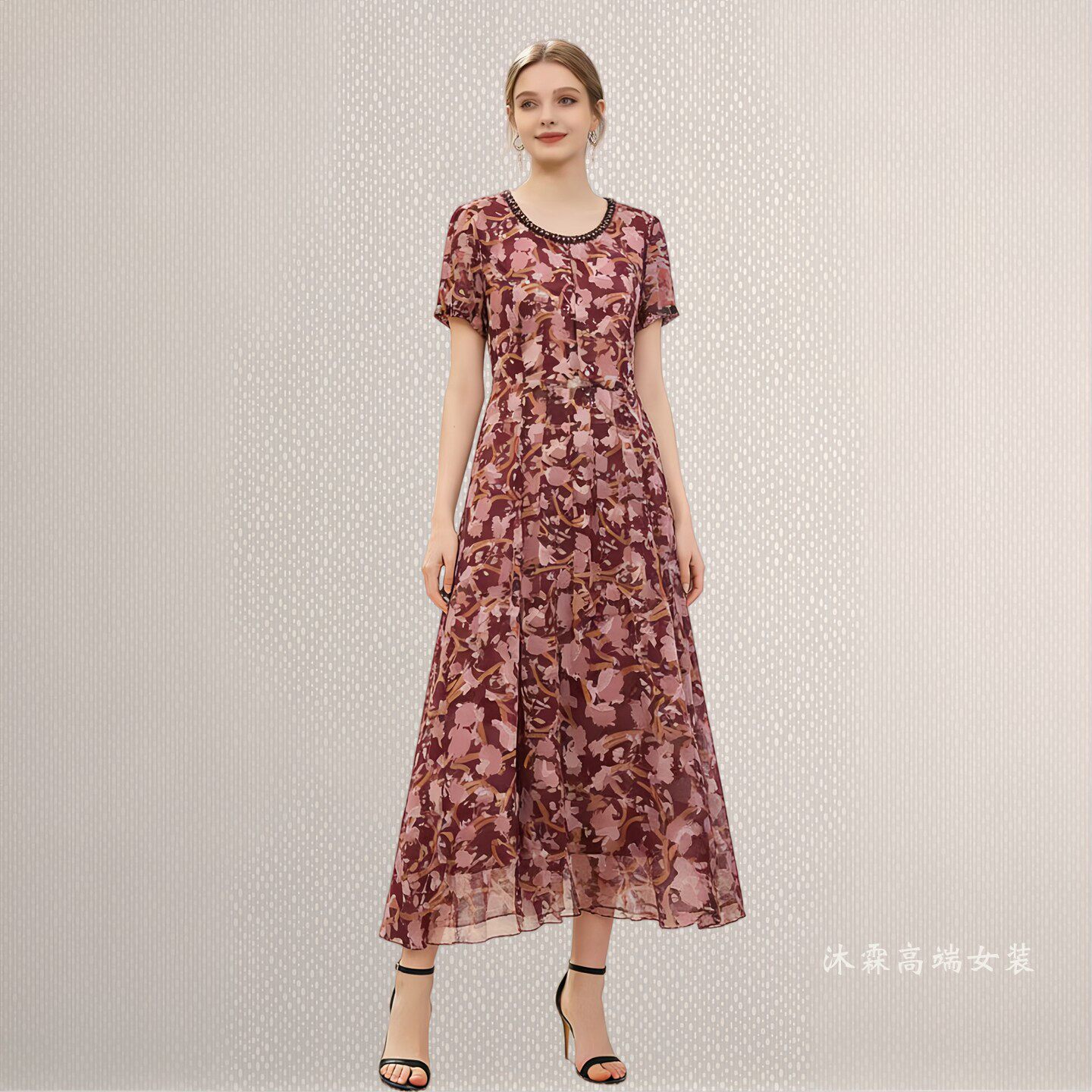 沐紫霖2026夏季新款时尚显瘦大码气质修身妈妈婚宴礼服连衣裙8015