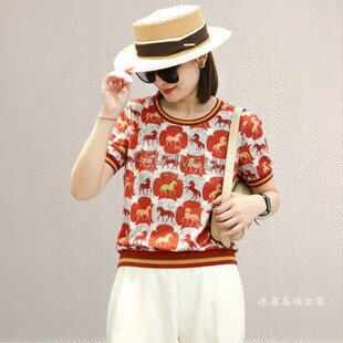 雅姿赏色珊瑚花2026夏季新款上衣大码显瘦宽松修身百搭t恤衫76033