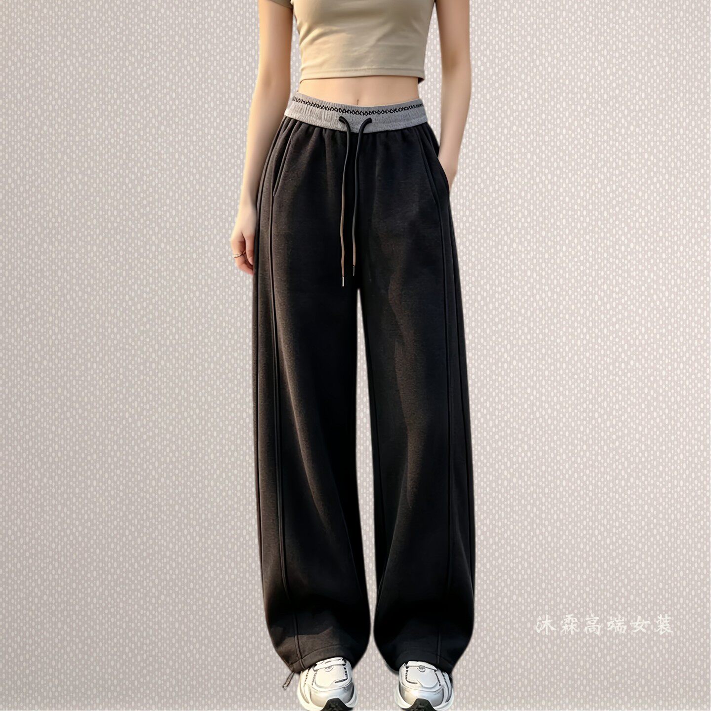 雅姿赏色珊瑚花2026秋冬新宽松大码显瘦胖M休闲直筒羊毛女裤29001