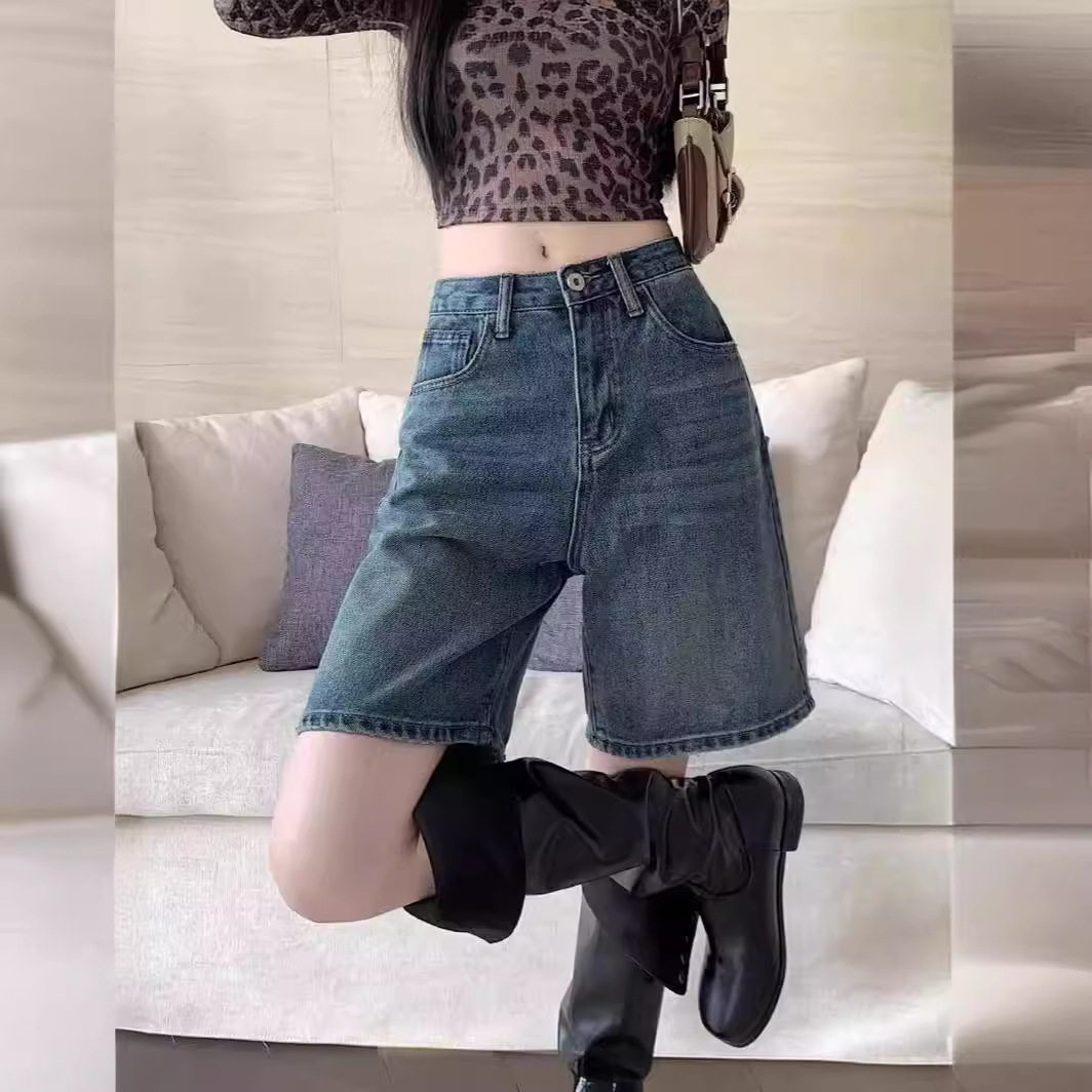 牛仔短裤女潮流百搭夏季薄新款高腰复古小个子宽松直筒显瘦五分裤