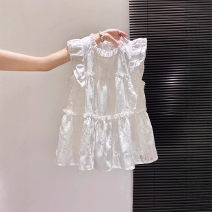 法式白色小飞袖衬衫女夏2025新款设计感甜美木耳边无袖娃娃衫上衣