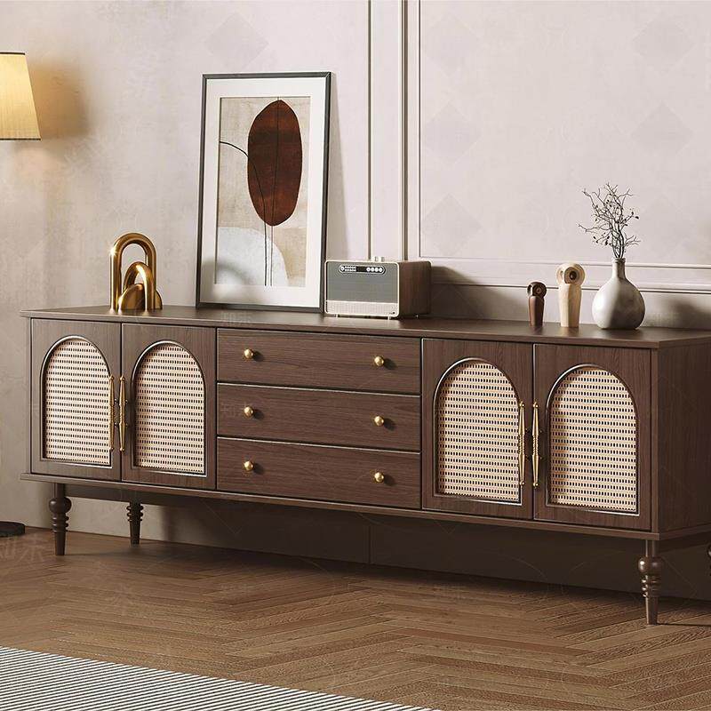 法式复古实木电视柜小户型美式中古风客厅电视机柜藤编储物柜定制