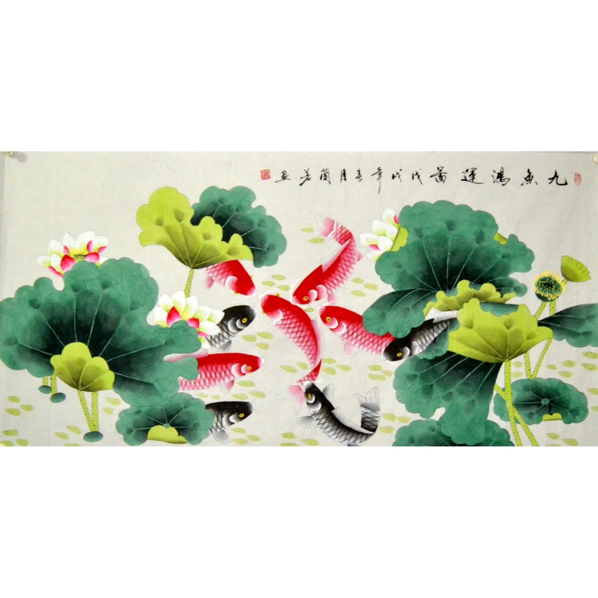 兰芳九鱼荷花工笔横幅国画花鸟画字画客厅茶楼客厅纯手绘原稿装饰
