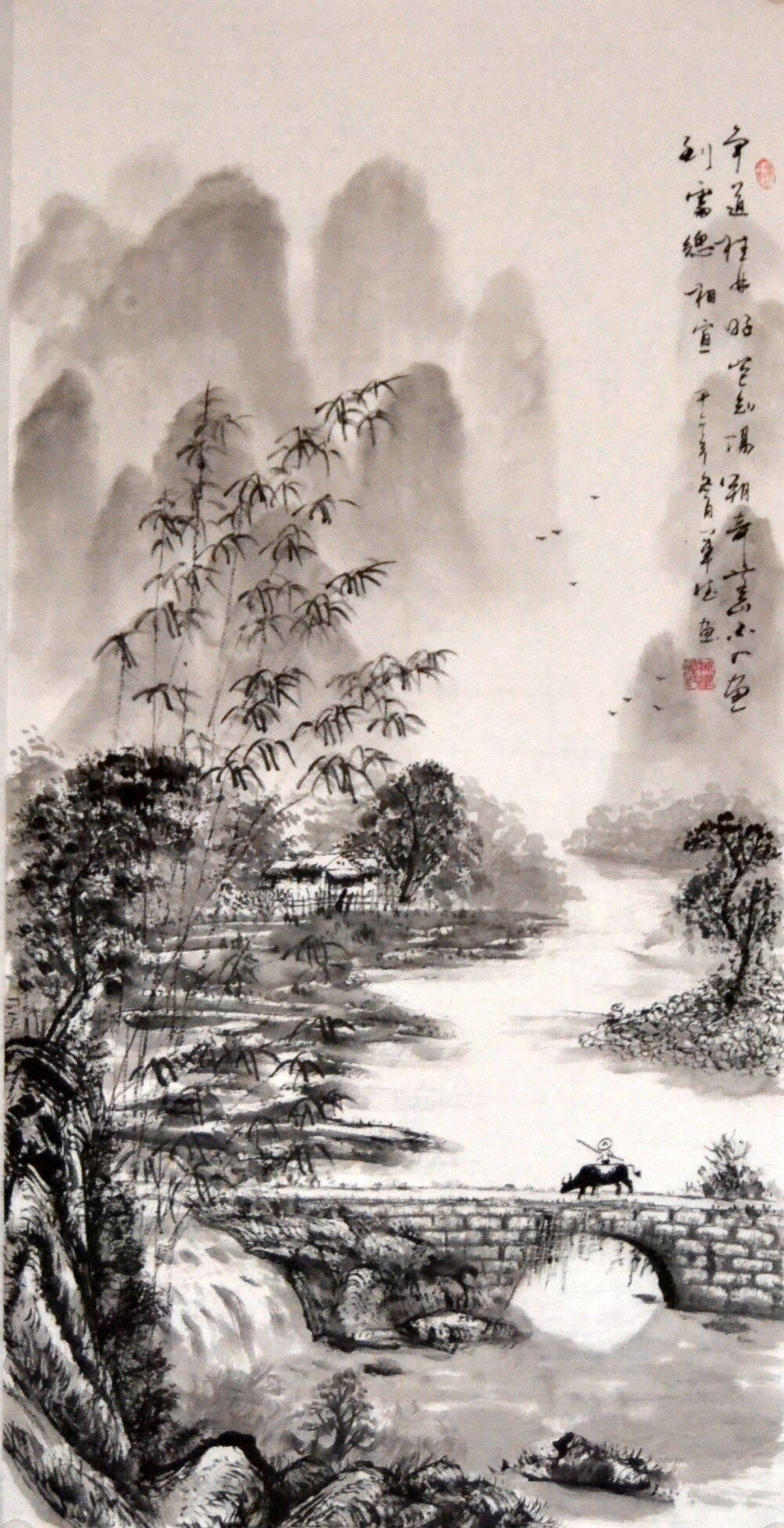 书房客厅茶楼三尺竖幅国画桂林山水画水墨字画军德纯手绘原稿风水