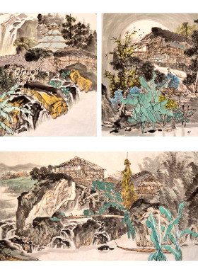 仿黄格胜四尺横幅国画山水无款原稿办公室客厅苗寨纯手绘书房装饰