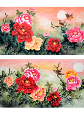 四尺国画牡丹花开富贵纯手绘李万沙发背景画花鸟字画装饰横幅挂画
