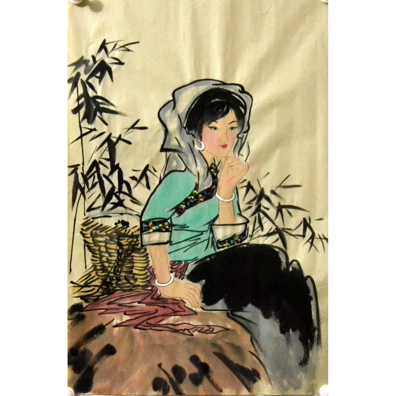 无款书房纯手绘四尺三开人物仕女图苗族写意国画字画原稿挂画客厅