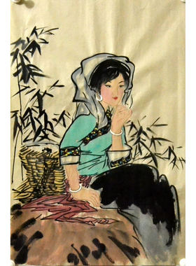 无款书房纯手绘四尺三开人物仕女图苗族写意国画字画原稿挂画客厅