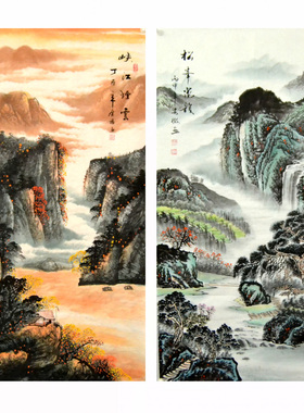 四尺茶楼风景画心客厅国画山水画字画竖幅中堂春景青绿纯手绘装饰