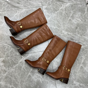 出口尾货真皮长靴中跟