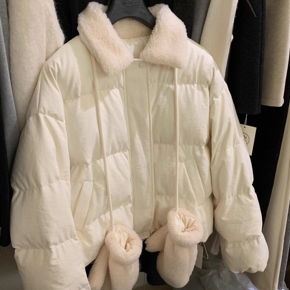 韩系毛领拼接羽绒服女短款