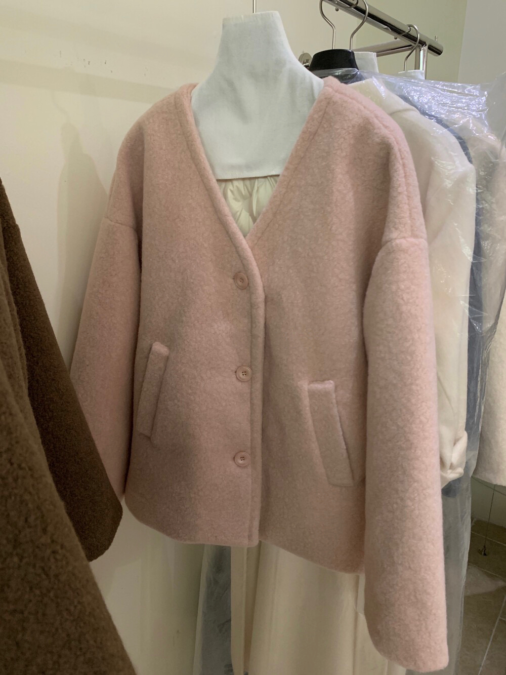 韩系简约V领毛呢羽绒服外套