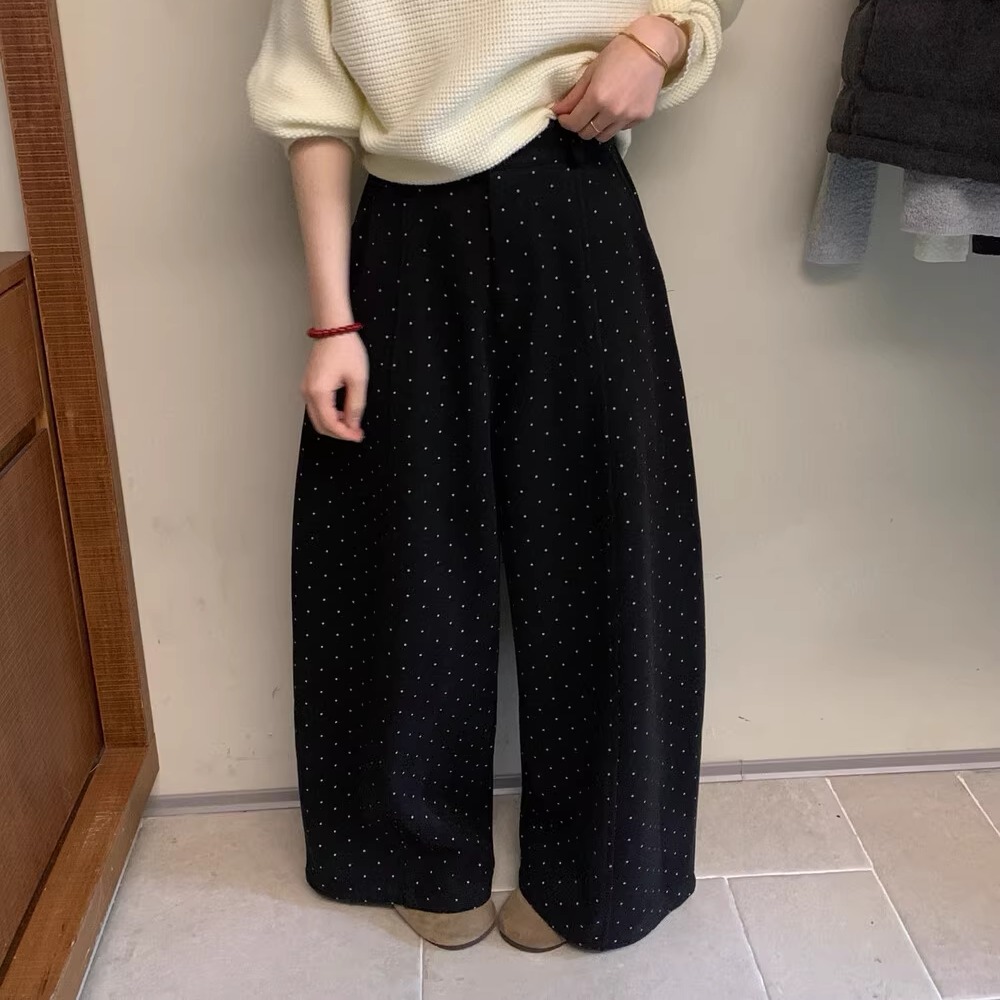 复古波点加绒加厚毛呢阔腿裤女