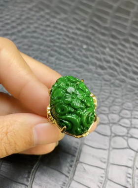 干青戒指老坑干青铁龙生辣绿飘花指环男女款玉扳指活口