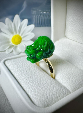 爆款满绿色貔貅戒指活口可调节精工雕刻貔貅戒指 高颜值中国风