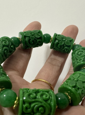 翡翠色祖母绿路路通手链雕花桶珠手串高档男女情侣同款