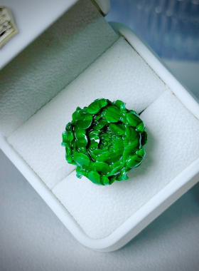 中国风花开富贵满绿色牡丹花戒指 精工雕刻 活口可调节设计