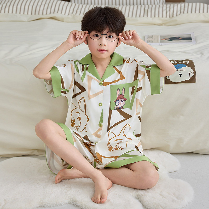 男童睡衣冰丝薄款疯狂动物城儿童棉绸夏季套装宝宝大童男孩家居服