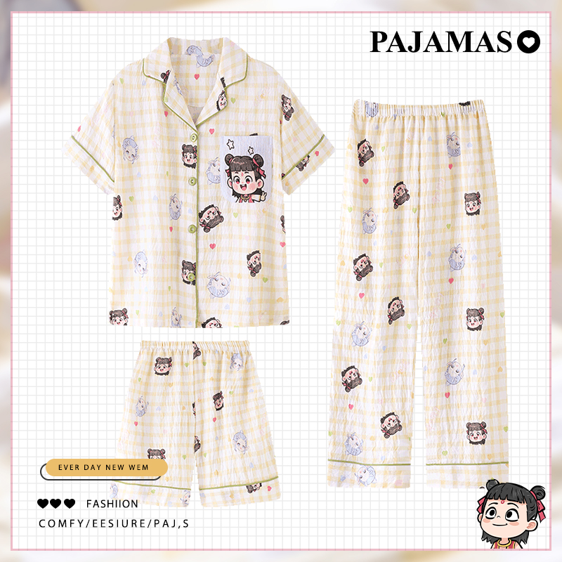 哪咤三件套睡衣女夏天棉绸家居服