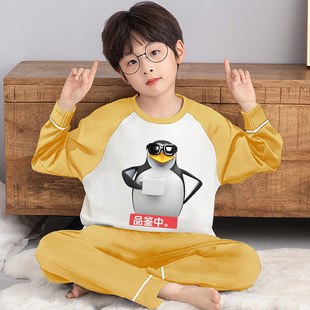儿童睡衣男孩春秋长袖纯棉2026高雅人士企鹅可外穿家居服男童套装