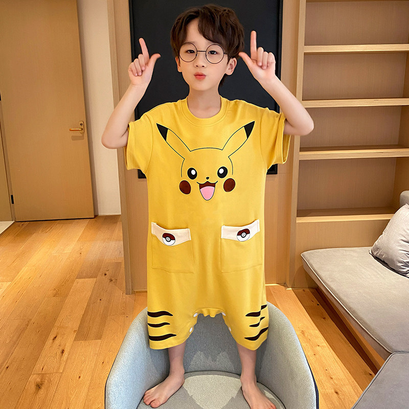 儿童连体睡衣男童夏季薄款中大童纯棉4-5岁7-9男孩连身12家居服13