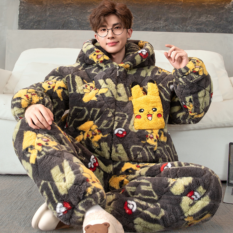 男士睡衣2025新款冬加厚三层夹棉