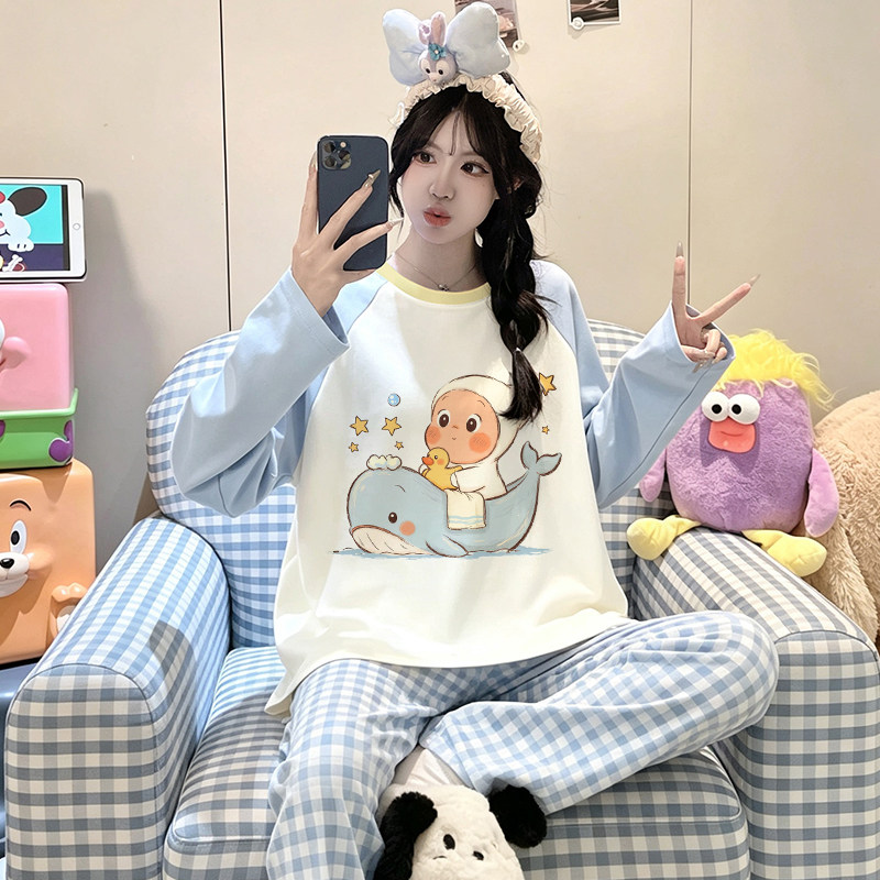 蓝色格子可爱星星人睡衣女秋套装