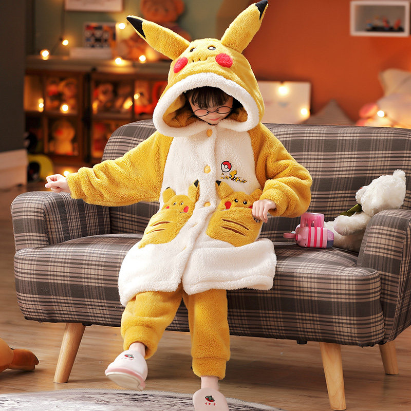 女童睡衣法兰绒冬季连帽睡袍女孩可爱学生宿舍加绒家居服套装皮卡