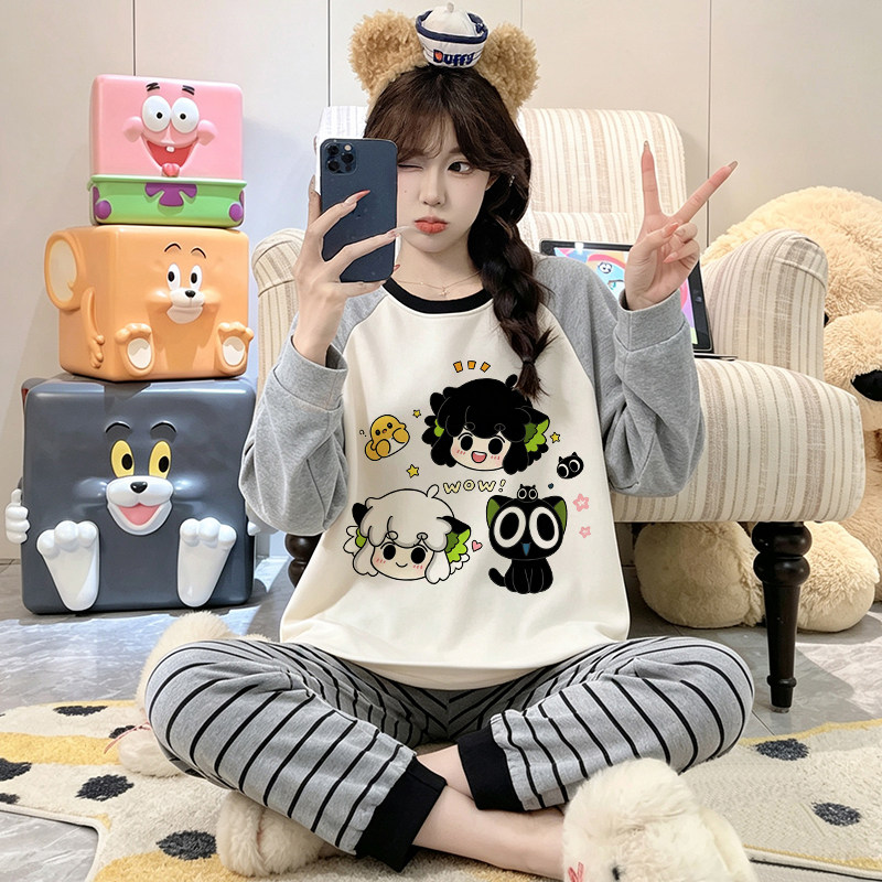 女士睡衣纯棉长袖罗小黑条纹卡通