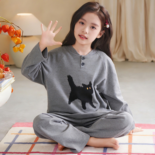纯棉睡衣女童春装2026衣服高级感小猫亲子装母女款儿童家居服套装