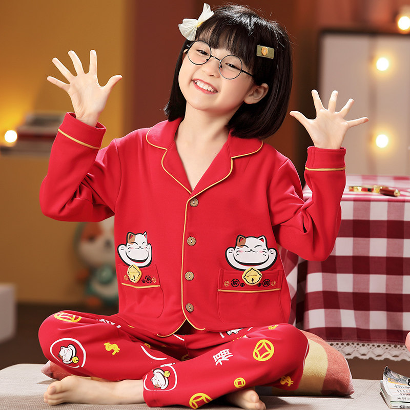儿童纯棉睡衣兔年女孩本命年红色12岁女大童姐妹装孩子新年家居服