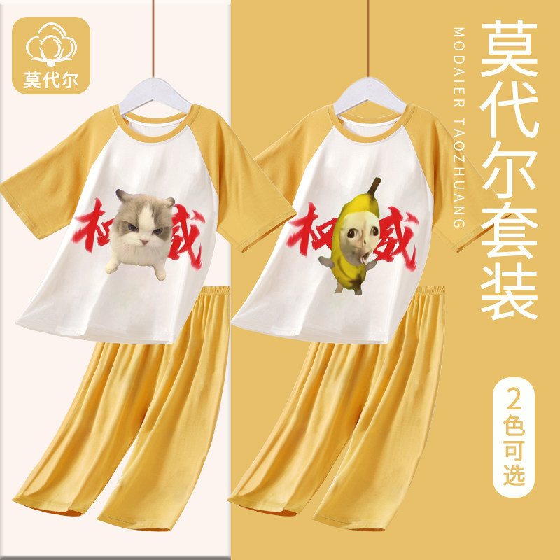 男童睡衣套装夏款2026新款莫代尔儿童家居服青少年抽象猫meme童装