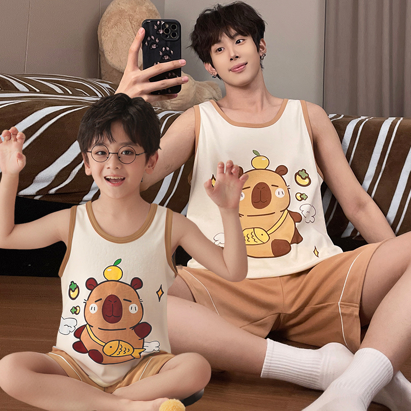 夏季儿童睡衣男款纯棉背心2025超火两件套夏装亲子装无袖家居服薄
