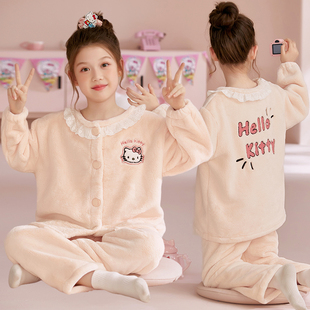 hellokitty睡衣女童秋冬季珊瑚绒加绒加厚儿童法兰绒女大童家居服