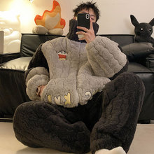 珊瑚绒睡衣男生冬季蜡笔小新加绒棉袄三层夹棉可外穿家居服男套装