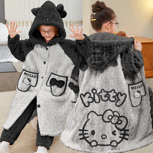 Hellokitty睡衣女童冬季珊瑚绒睡袍儿童加绒加厚法兰绒家居服套装