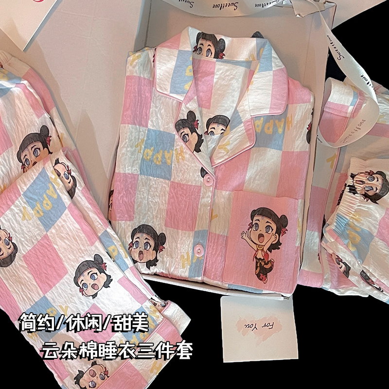 棉绸睡衣女款2025新款夏季三件套