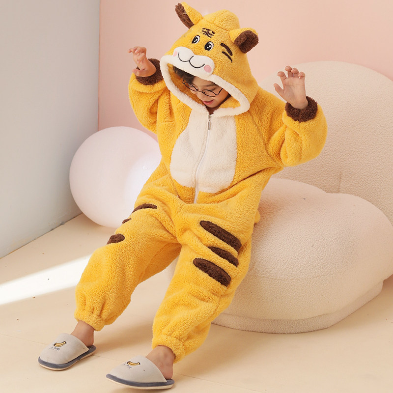 儿童连体睡衣秋冬季珊瑚绒男孩老虎加绒加厚款男大童法兰绒连体衣