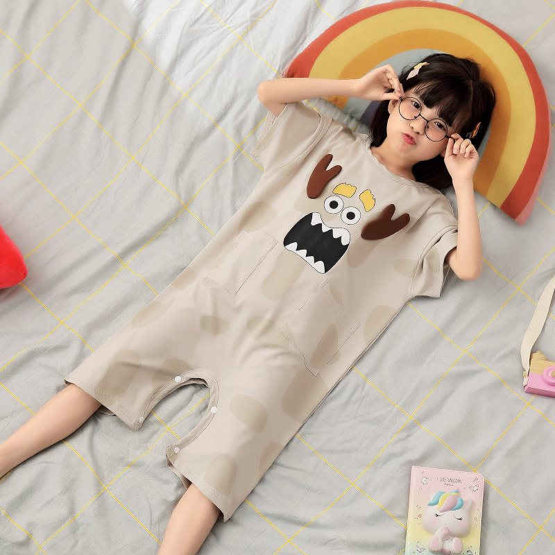 连体衣女童夏薄款短袖纯棉可爱睡裙女孩2021新款小怪兽睡衣家居服