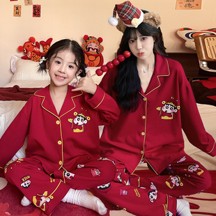 纯棉睡衣女款2025新款冬高级感马年亲子装母女红色家居服儿童套装