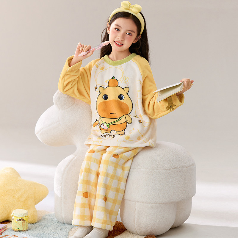水豚噜噜睡衣女童冬珊瑚绒牛奶绒