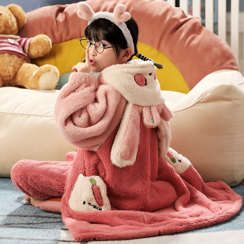 儿童睡衣女孩冬季珊瑚绒公主女大童睡袍中长款可爱少女浴袍家居服