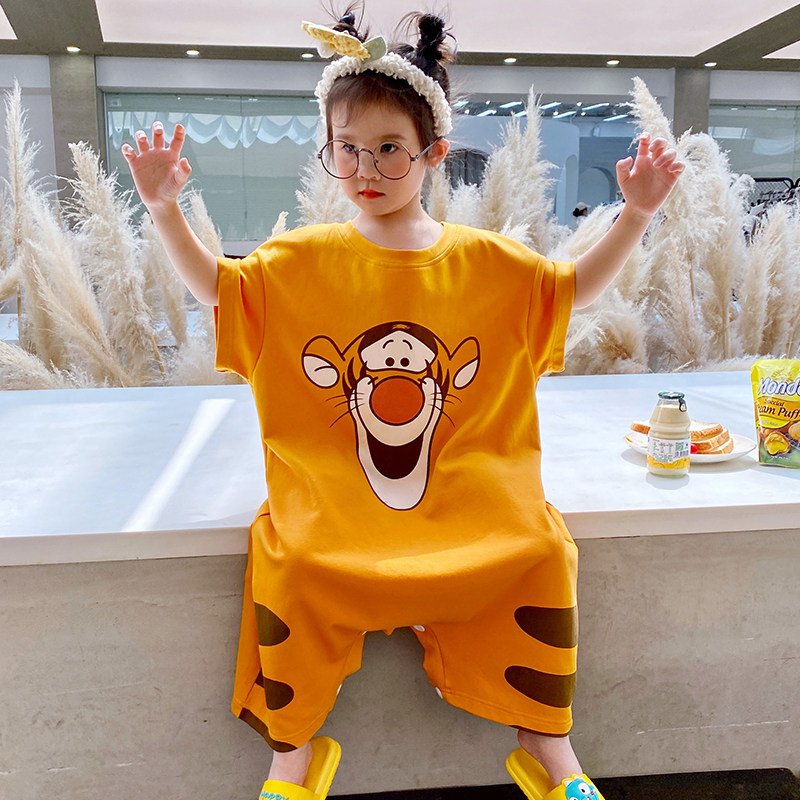 女童睡裙夏季纯棉薄款小老虎可爱超萌女孩睡衣连体衣儿童女中大童