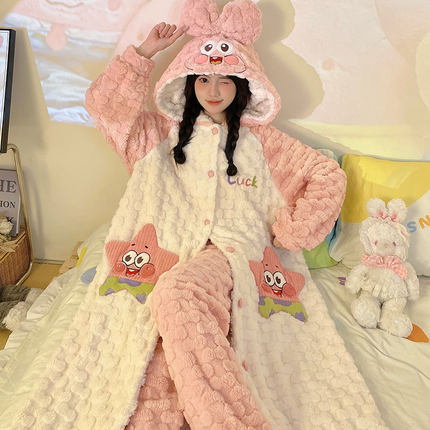珊瑚绒睡衣女冬季加绒加厚连帽睡袍派大星可爱浴袍女款秋冬家居服