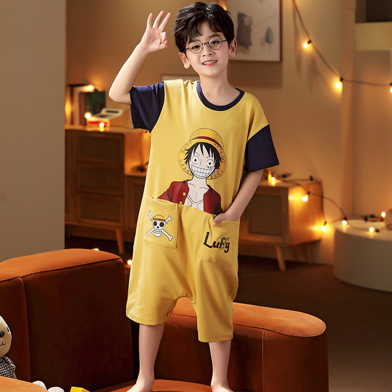 男童连体衣夏季薄款纯棉短袖中大童12男孩睡衣13岁家居服初中学生