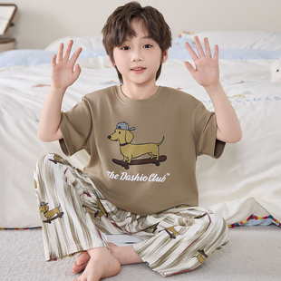 男童睡衣纯棉布料100全棉男孩衣服腊肠狗青少年家居服儿童夏套装